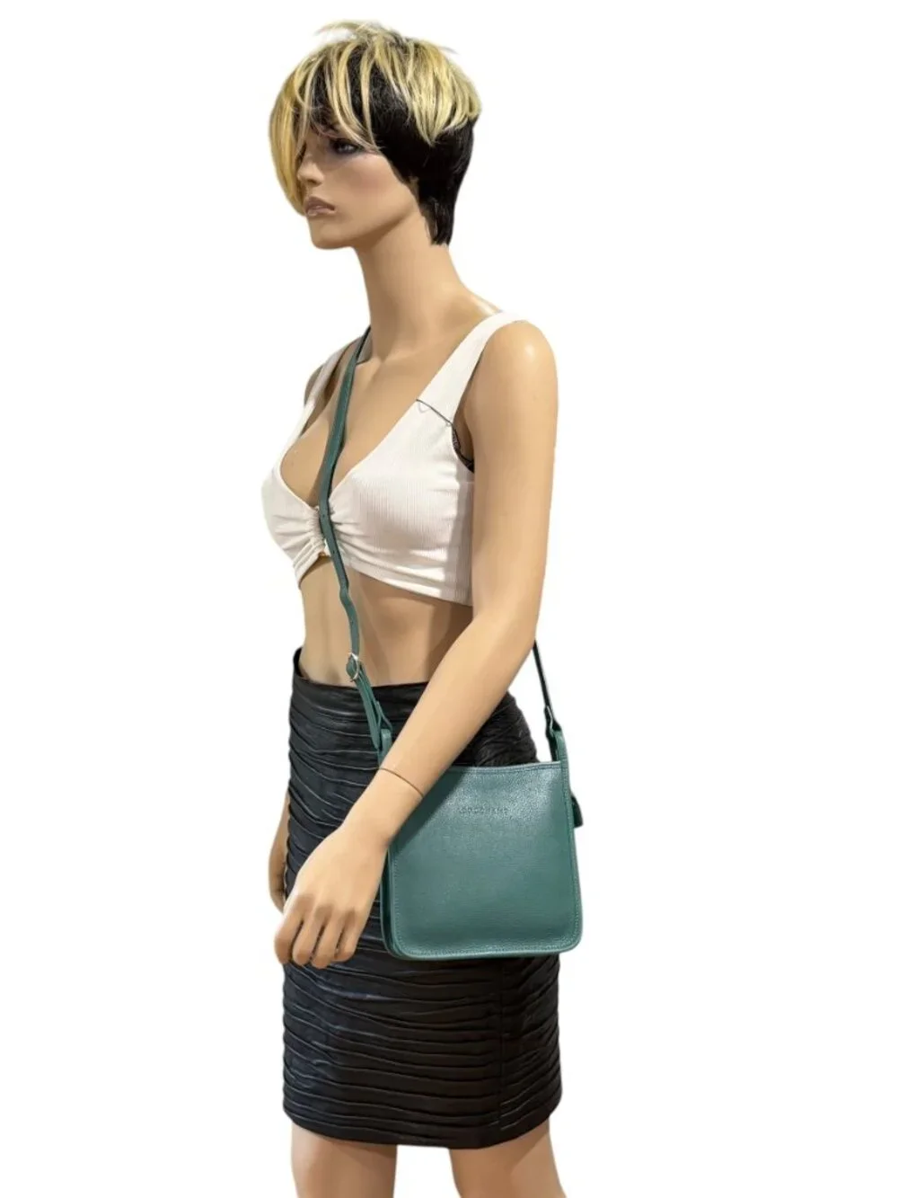 LONGCHAMP Le Foulonne Teal Leather Small Crossbody Shoulder Bag Made in France
